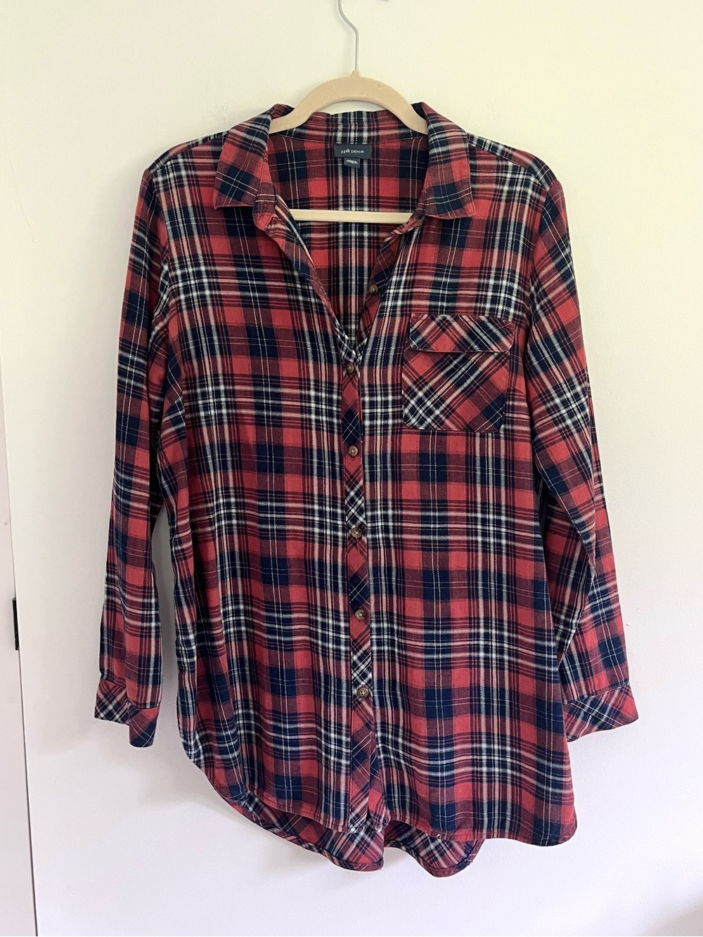 J. Jill Denim Navy Red White Plaid Button Down Long Sleeve Shirt Cabincore Fall